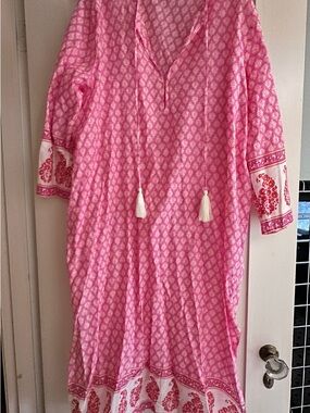 J. Crew Pink Patterned Maxi Dress with White Tassel Ties